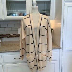 Vintage Linda Allard for Ellen Tracy Cream Black Striped Wool Cardigan Size SM